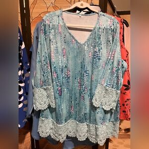 🌸 Teal Patterned Lace‑Trim Blouse – 1XL – Stretchy & Feminine